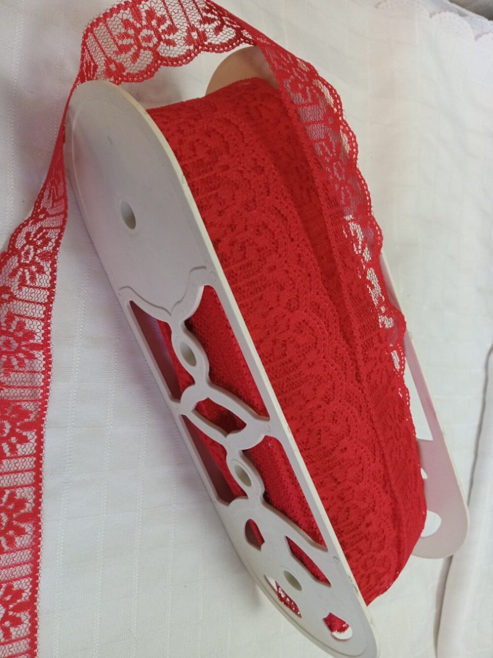 40 meters x 1 1/4 inch of brand-new non-stretch vintage red lace ribbon